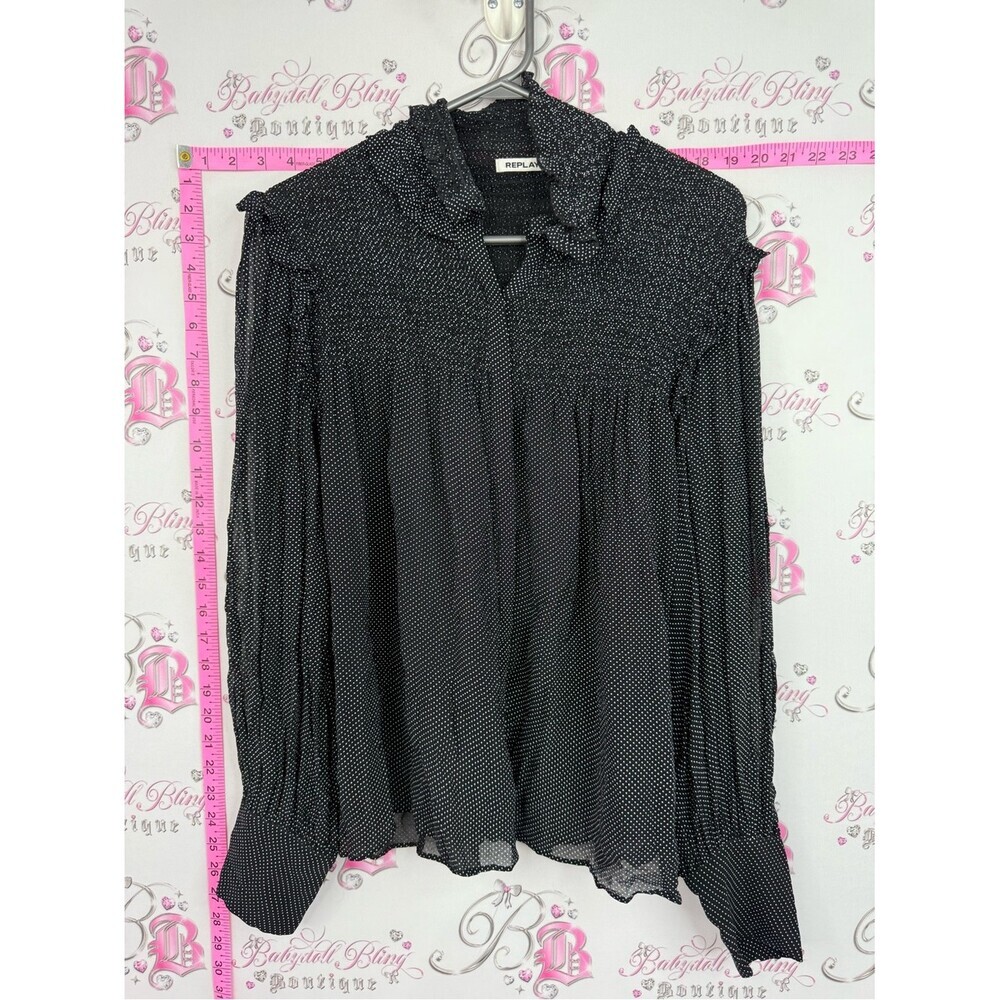 Replay shirt ruffle Black Tiny Dot Long-Sleeve Smocked Blouse